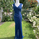 ??Vintage Midnight Blue Mermaid Gown ??V Neck Pretty Prom Dress for Events&Party HZ1108