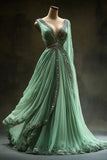 Aesthetic A-Line V Neckline Green Tulle Long Prom Dress Sweet Beaded Evening Dress HZ1108