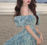 Sweet A-Line off-shoulder organza print Long Prom Dress Birthday Adult Ceremony Dress HZ1108