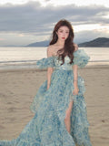 Sweet A-Line off-shoulder organza print Long Prom Dress Birthday Adult Ceremony Dress HZ1108