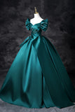 Teal A-Line Off the Shoulder Satin Long Prom Dress, Elegant Evening Dress HZ1108