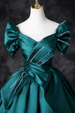 Teal A-Line Off the Shoulder Satin Long Prom Dress, Elegant Evening Dress HZ1108