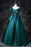Teal A-Line Off the Shoulder Satin Long Prom Dress, Elegant Evening Dress HZ1108