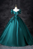 Teal A-Line Off the Shoulder Satin Long Prom Dress, Elegant Evening Dress HZ1108