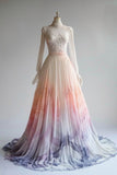 A-Line Chiffon Applique Long Sleeve Wedding Dress Round Neck Sequin Tulle Long Prom Dress HZ1108