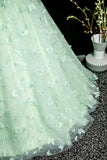 Green A-Line Tulle Beaded Sequin Long Prom Dress, Beautiful 3D Butterfly Evening Dress HZ1108