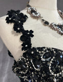 Elegant Black Mermaid Satin Beaded Sequin Long Prom Dress, Sweetheart Neck Evening Dress HZ1108