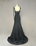 Elegant Black Mermaid Satin Beaded Sequin Long Prom Dress, Sweetheart Neck Evening Dress HZ1108