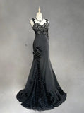 Elegant Black Mermaid Satin Beaded Sequin Long Prom Dress, Sweetheart Neck Evening Dress HZ1108