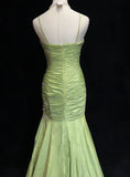 Vintage Green Mermaid Spaghetti Strap Satin Beaded Sequin Long Prom Dress Sweetheart Neck Evening Dress HZ1108