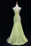 Vintage Green Mermaid Spaghetti Strap Satin Beaded Sequin Long Prom Dress Sweetheart Neck Evening Dress HZ1108