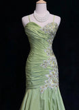 Vintage Green Mermaid Spaghetti Strap Satin Beaded Sequin Long Prom Dress Sweetheart Neck Evening Dress HZ1108