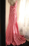 Sweet Pink Mermaid One Shoulder Sequined Pleated Long Prom Dress Backless Evening Dress HZ1108