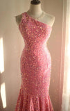Sweet Pink Mermaid One Shoulder Sequined Pleated Long Prom Dress Backless Evening Dress HZ1108