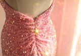 Sweet Pink Mermaid One Shoulder Sequined Pleated Long Prom Dress Backless Evening Dress HZ1108