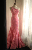 Sweet Pink Mermaid One Shoulder Sequined Pleated Long Prom Dress Backless Evening Dress HZ1108