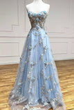 Blue A-Line Sweetheart Tulle Appliques Long Prom Dress, Strapless Evening Dress HZ1108