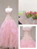 Pink Mermaid Strapless Tulle Sequined Long Prom Dress, Sweet Embroidered Applique Wedding Dress HZ1108