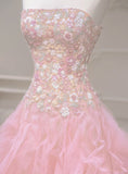 Pink Mermaid Strapless Tulle Sequined Long Prom Dress, Sweet Embroidered Applique Wedding Dress HZ1108