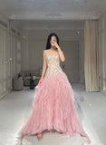 Pink Mermaid Strapless Tulle Sequined Long Prom Dress, Sweet Embroidered Applique Wedding Dress HZ1108