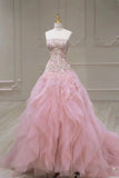 Pink Mermaid Strapless Tulle Sequined Long Prom Dress, Sweet Embroidered Applique Wedding Dress HZ1108
