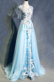 Modest Sky Blue A-Line Tulle Beading Embroidery Appliques Long Prom Dress Pageant Gown HZ1108