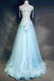 Modest Sky Blue A-Line Tulle Beading Embroidery Appliques Long Prom Dress Pageant Gown HZ1108