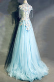 Modest Sky Blue A-Line Tulle Beading Embroidery Appliques Long Prom Dress Pageant Gown HZ1108