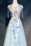 Modest Sky Blue A-Line Tulle Beading Embroidery Appliques Long Prom Dress Pageant Gown HZ1108