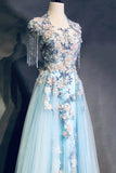 Modest Sky Blue A-Line Tulle Beading Embroidery Appliques Long Prom Dress Pageant Gown HZ1108