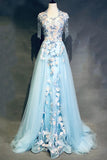 Modest Sky Blue A-Line Tulle Beading Embroidery Appliques Long Prom Dress Pageant Gown HZ1108