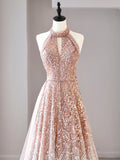 A-Line Halter Neck Sequined Tulle Long Prom Dress, Formal Evening Dress HZ1108