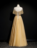 Gold A-Line Tulle Beading Sequins Long Prom Dress Lotus Leaf Sleeve Evening Dress HZ1108