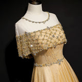 Gold A-Line Tulle Beading Sequins Long Prom Dress Lotus Leaf Sleeve Evening Dress HZ1108