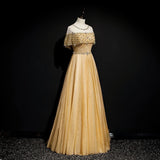 Gold A-Line Tulle Beading Sequins Long Prom Dress Lotus Leaf Sleeve Evening Dress HZ1108