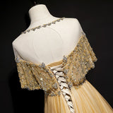 Gold A-Line Tulle Beading Sequins Long Prom Dress Lotus Leaf Sleeve Evening Dress HZ1108