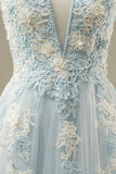 Light Blue A-Line Spaghetti Strap Tulle Beading Long Prom Dress Sweet Embroidery Applique Evening Dress for Graduation HZ1108