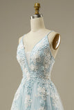Light Blue A-Line Spaghetti Strap Tulle Beading Long Prom Dress Sweet Embroidery Applique Evening Dress for Graduation HZ1108