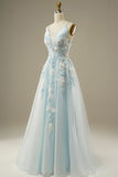 Light Blue A-Line Spaghetti Strap Tulle Beading Long Prom Dress Sweet Embroidery Applique Evening Dress for Graduation HZ1108