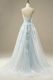 Light Blue A-Line Spaghetti Strap Tulle Beading Long Prom Dress Sweet Embroidery Applique Evening Dress for Graduation HZ1108