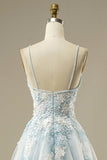 Light Blue A-Line Spaghetti Strap Tulle Beading Long Prom Dress Sweet Embroidery Applique Evening Dress for Graduation HZ1108