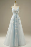 Light Blue A-Line Spaghetti Strap Tulle Beading Long Prom Dress Sweet Embroidery Applique Evening Dress for Graduation HZ1108