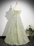 Sage A-Line Off the Shoulder Glittering Tulle Sequins Long Prom Dress Sweet 16 Dress HZ1108