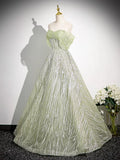 Sage A-Line Off the Shoulder Glittering Tulle Sequins Long Prom Dress Sweet 16 Dress HZ1108
