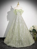 Sage A-Line Off the Shoulder Glittering Tulle Sequins Long Prom Dress Sweet 16 Dress HZ1108