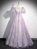 Sweet Lilac A-Line Sweetheart Tulle Beaded Long Prom Dress Puffy Sleeves Graduation Dress HZ1108