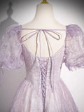 Sweet Lilac A-Line Sweetheart Tulle Beaded Long Prom Dress Puffy Sleeves Graduation Dress HZ1108