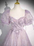 Sweet Lilac A-Line Sweetheart Tulle Beaded Long Prom Dress Puffy Sleeves Graduation Dress HZ1108