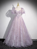Sweet Lilac A-Line Sweetheart Tulle Beaded Long Prom Dress Puffy Sleeves Graduation Dress HZ1108