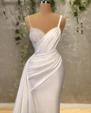 Elegant White Mermaid Sweetheart Satin Beaded Long Prom Dress Formal Spaghetti Strap Evening Gown HZ1108